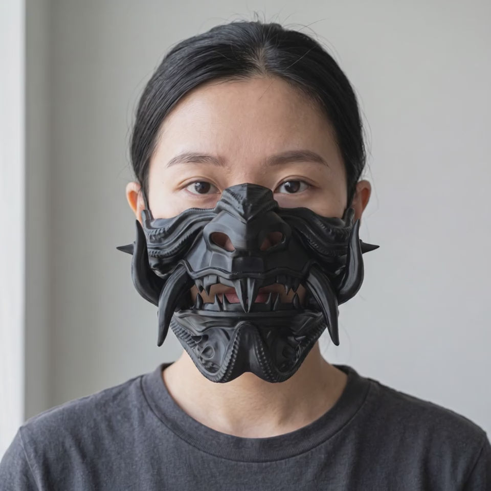 Samurai Oni Demon Mask - Full Matte Black worn on a model