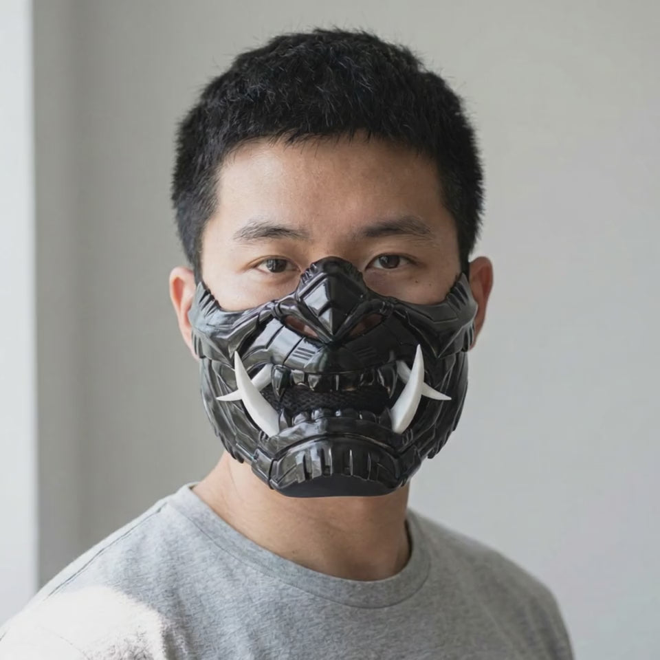 Cyber Oni Mask Glossy Black worn on a model