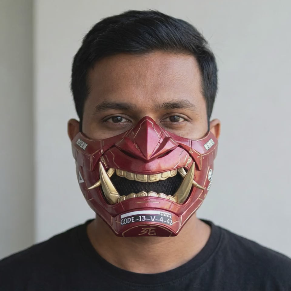Cyberpunk Oni Mask Metallic Red worn on a model