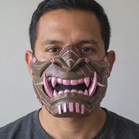 Cyber Oni Mask - Brown / Pink worn on a model