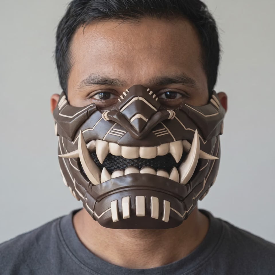 Cyber Oni Mask - Dark Brown / Latte worn on a model