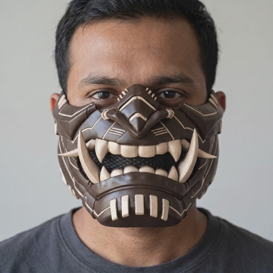 Cyber Oni Mask - Dark Brown / Latte worn on a model