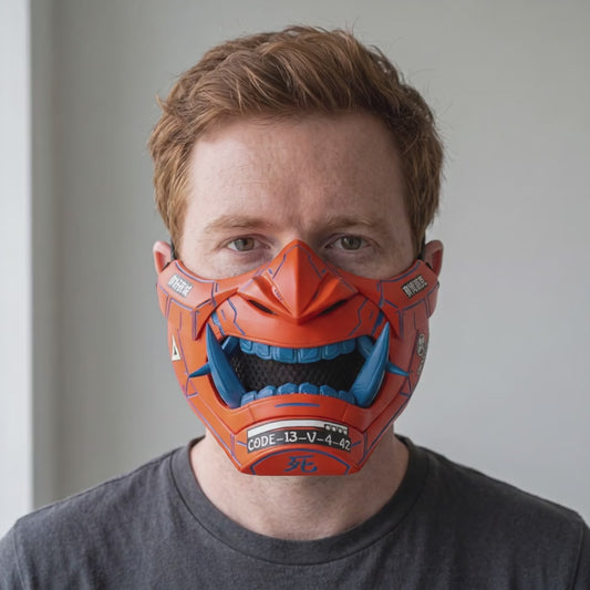 Cyberpunk Oni Mask - Orange/Blue Stripes worn on a model