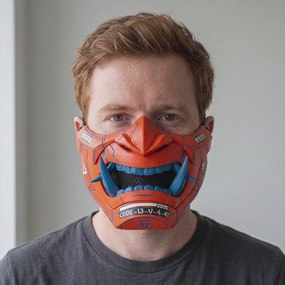 Cyberpunk Oni Mask - Orange/Blue Stripes worn on a model