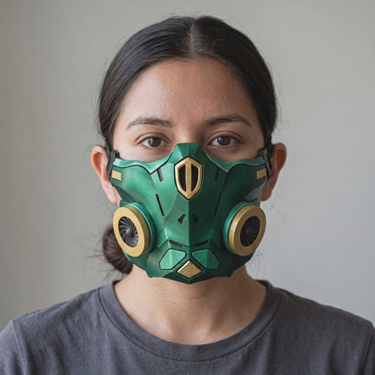 Cyber Ninja Cosplay Warrior Mask - Metallic Dark Green/Gold worn on a model