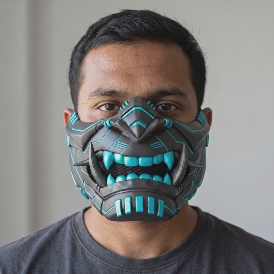 Cyber Oni Mask - Slate / True Cyan worn on a model