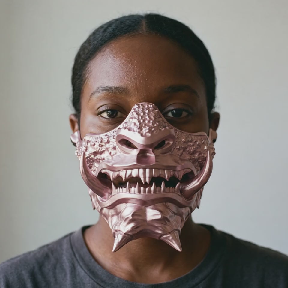 Japanese Oni Mask - Metallic Rose worn on a model