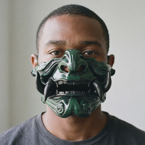 Samurai Oni Mask - Green/Black worn on a model