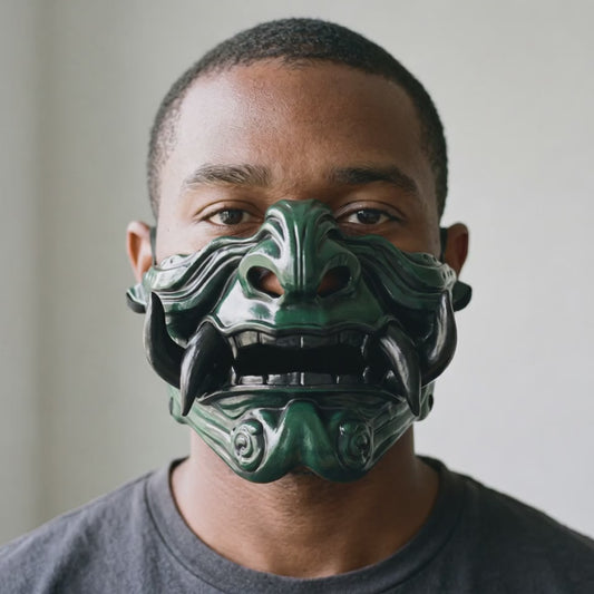 Samurai Oni Mask - Green/Black worn on a model
