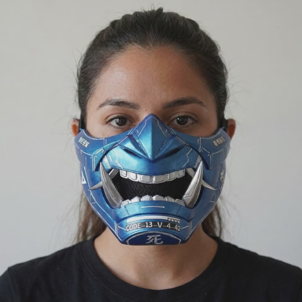 Cyberpunk Oni Mask Metallic Blue worn on a model