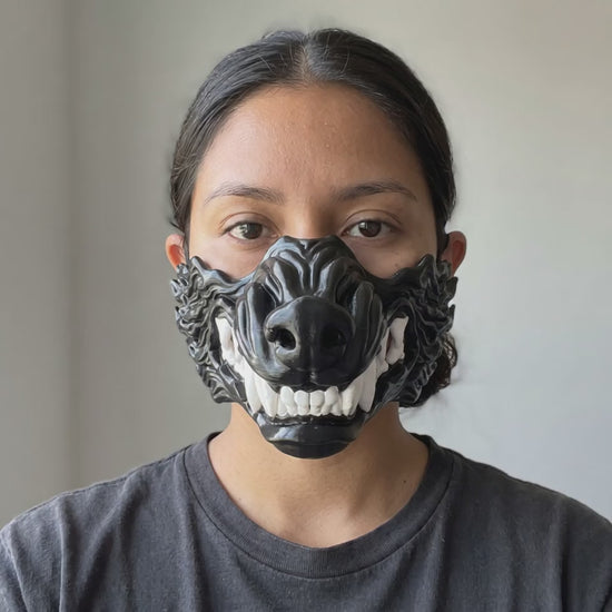 Wolf Snarling Animal Face Mask - Black worn on a model