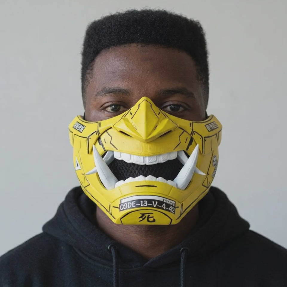 Cyberpunk Oni Mask Yellow worn on a model