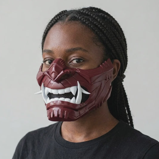 Cyber Oni Mask Burgundy worn on a model