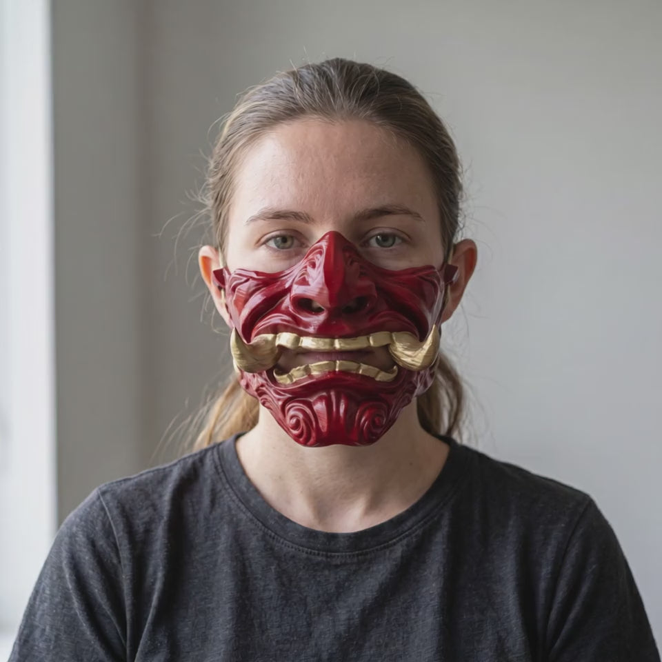 Oni Mask - Red worn on a model