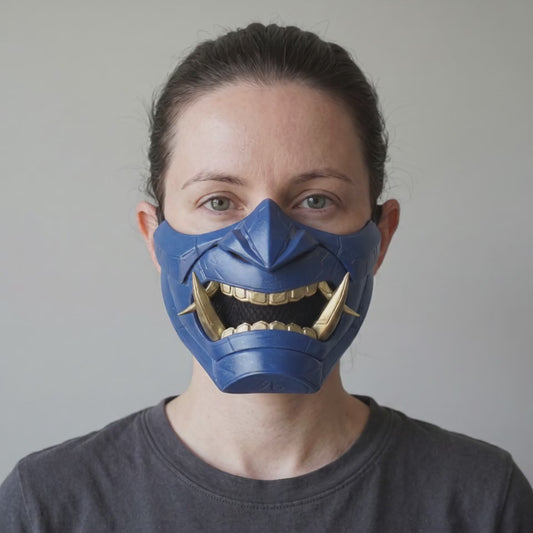 Cyberpunk Oni Mask - Cracked Effect Blue/Gold worn on a model