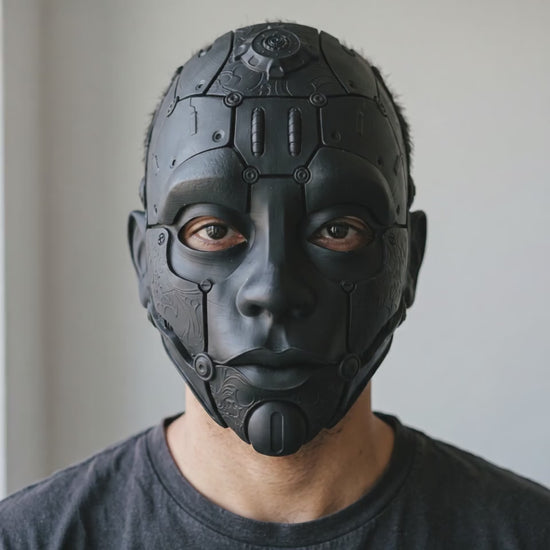 Cyborg Humanoid Robot Mask - Matte Black worn on a model