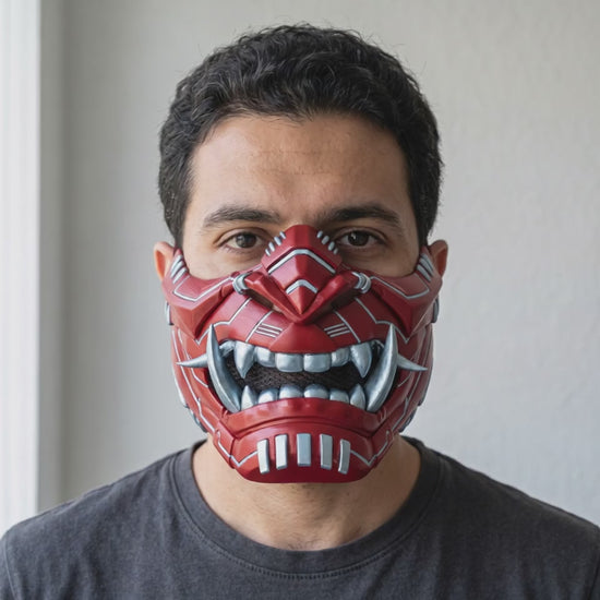 Cyber Oni Mask - Blood Red / Ice Blue worn on a model