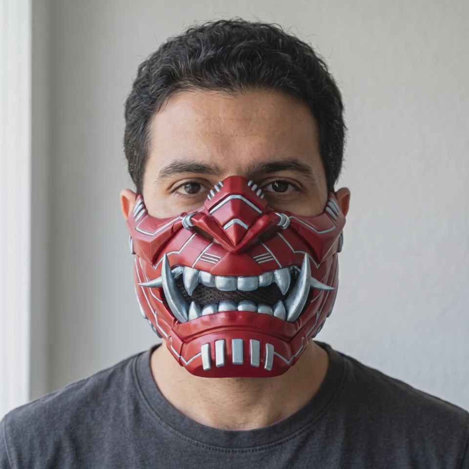 Cyber Oni Mask - Blood Red / Ice Blue worn on a model