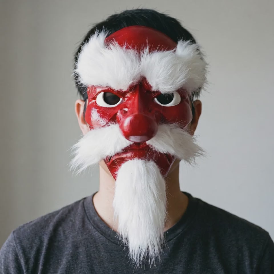 Tengu Japanese Mask With Hair - Red / White Hair worn on a model