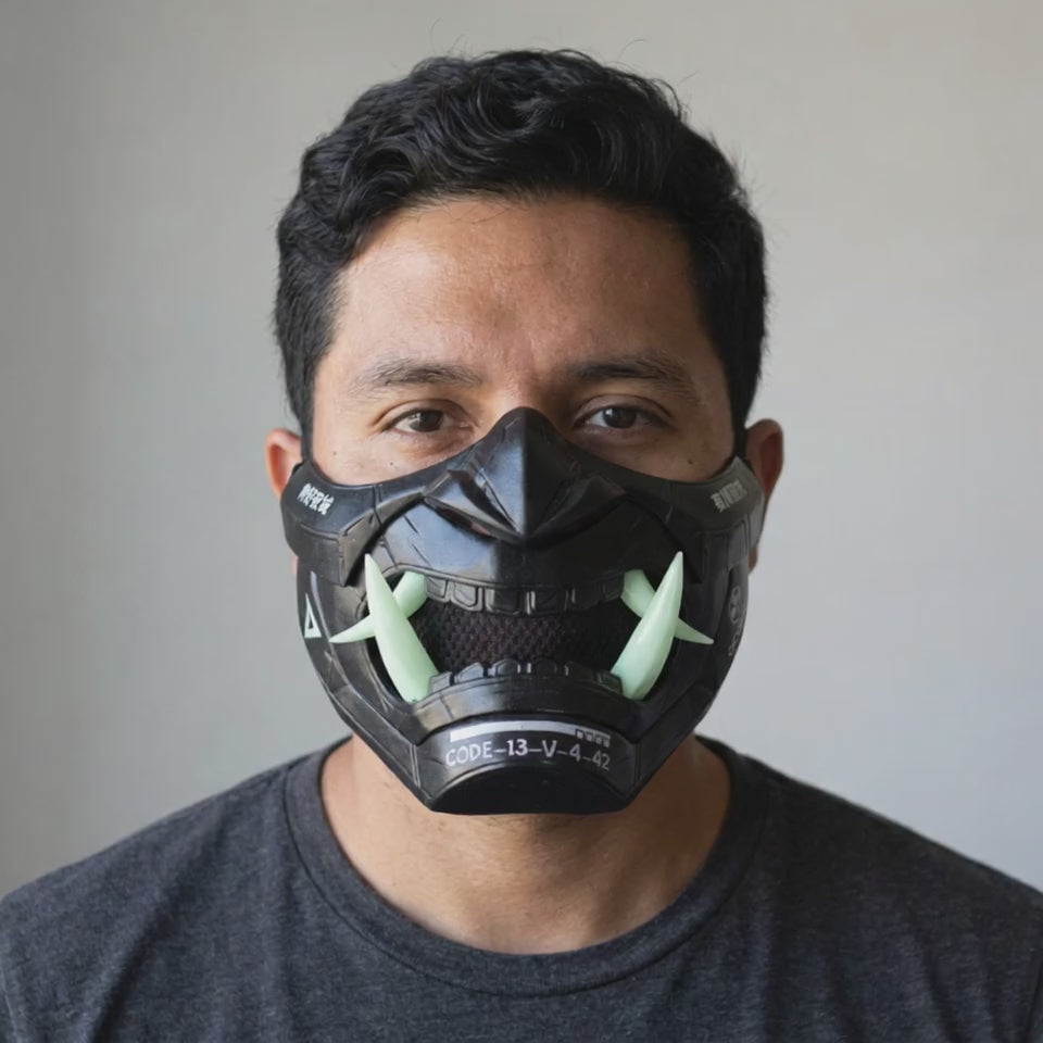 Cyberpunk Oni Mask Glow Fangs worn on a model