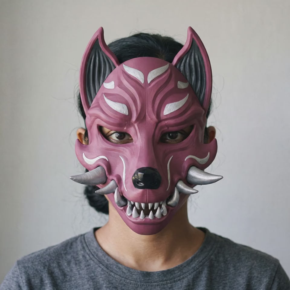 Kitsune Fox Mask With Fangs - Plum / Silver worn on a model