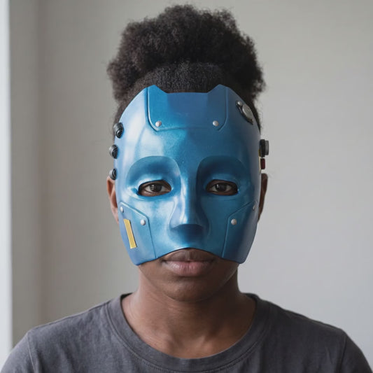 Cyborg Android Robot Mask Metallic Blue worn on a model