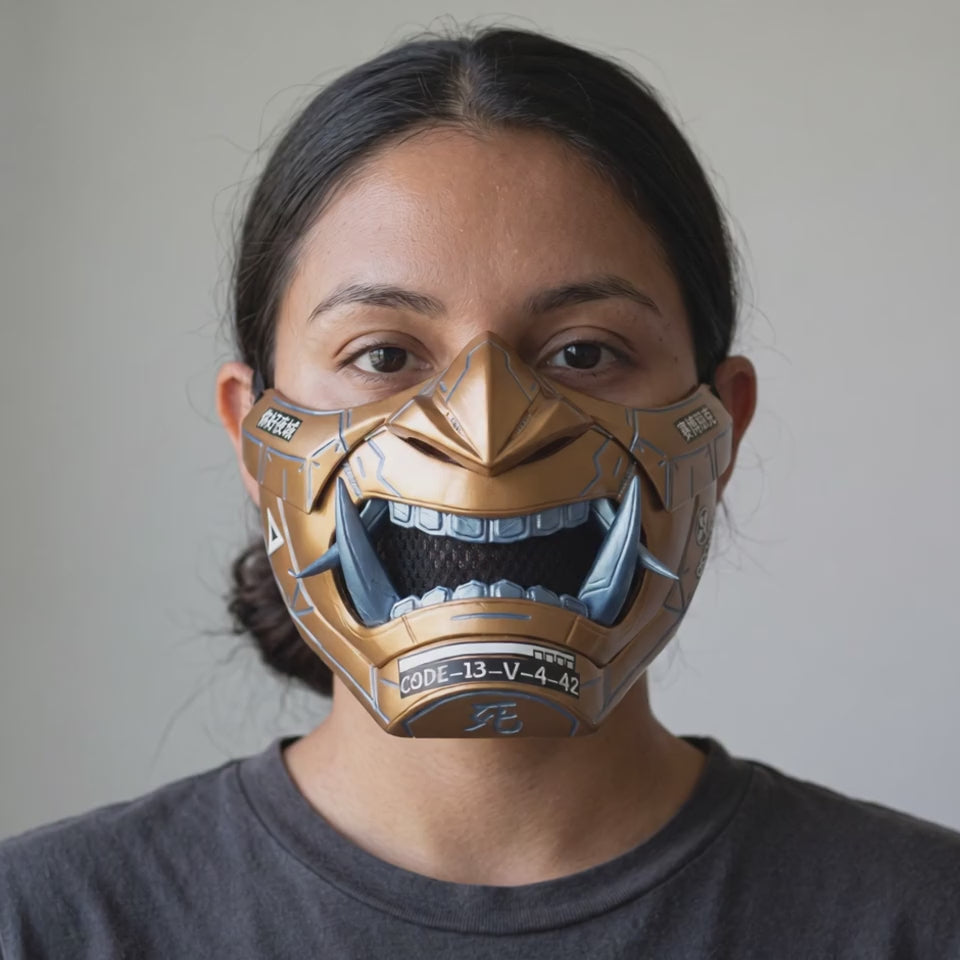 Cyberpunk Oni Mask - Metallic Gold/Ice Blue Stripes worn on a model