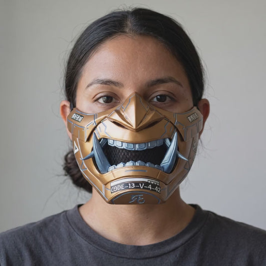 Cyberpunk Oni Mask - Metallic Gold/Ice Blue Stripes worn on a model