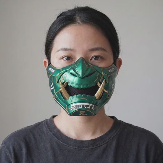 Cyberpunk Oni Mask - Metallic Green/Gold Stripes worn on a model