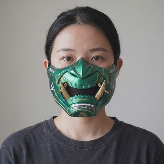 Cyberpunk Oni Mask - Metallic Green/Gold Stripes worn on a model