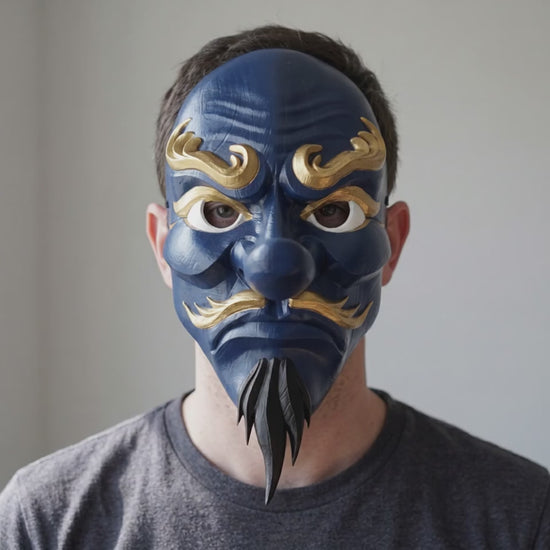 Tengu Japanese Full Face Mask - Midnight Blue worn on a model