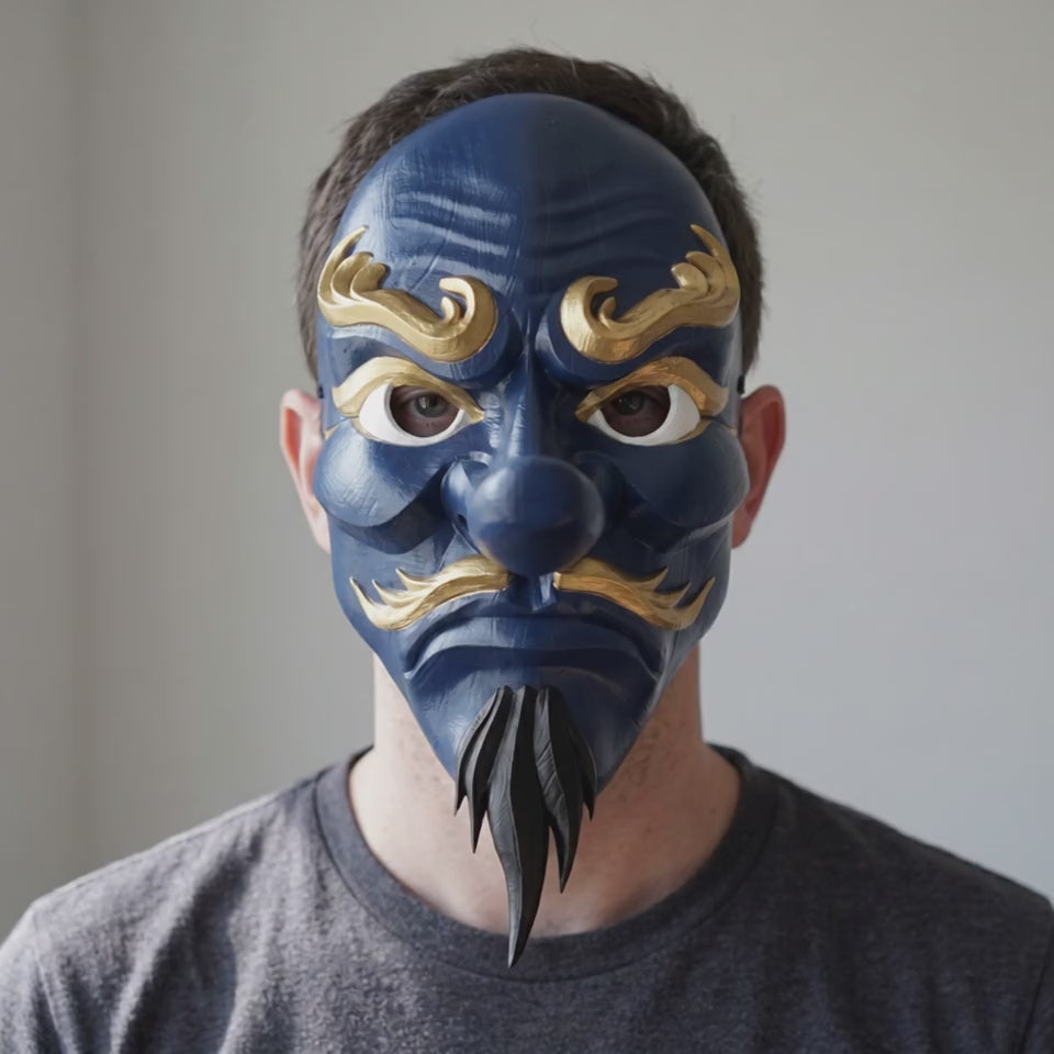 Tengu Japanese Full Face Mask - Midnight Blue worn on a model