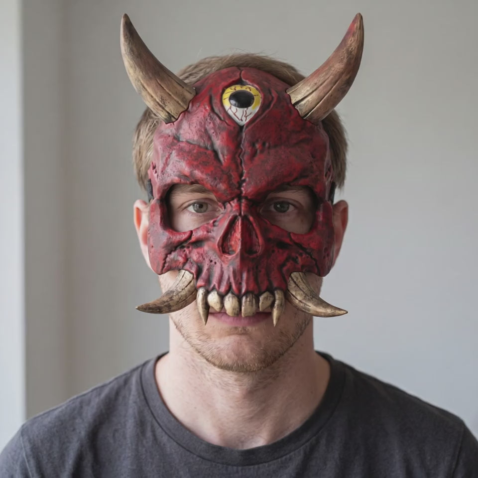 Hannya Skull Oni Mask - Red worn on a model