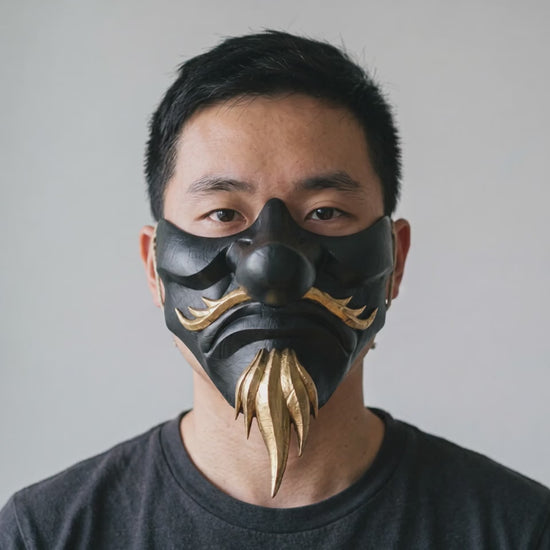 Tengu Japanese Half Face Mask - Black/Gold worn on a model