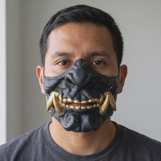 Warrior Oni Mask - Matte Black worn on a model