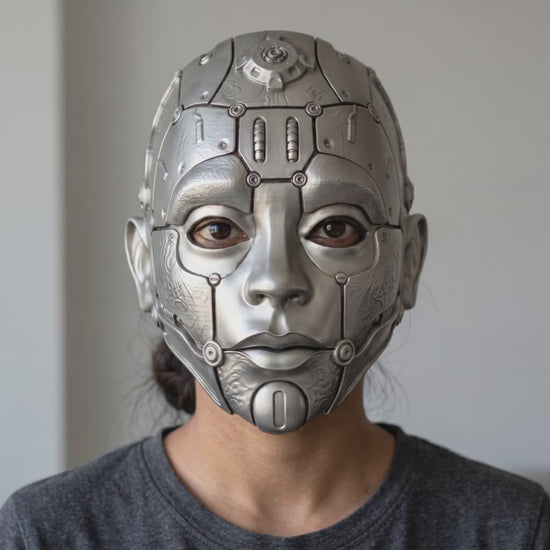 Cyborg Humanoid Robot Mask - Titanium worn on a model