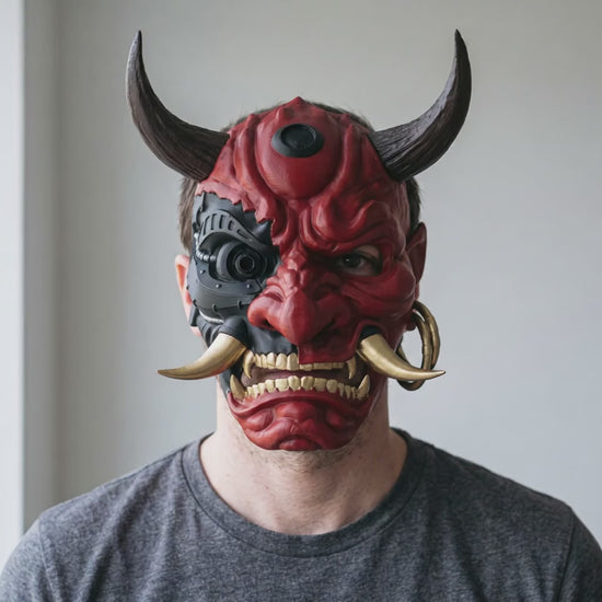Cyberpunk Full Face Oni Mask - Red/Black worn on a model