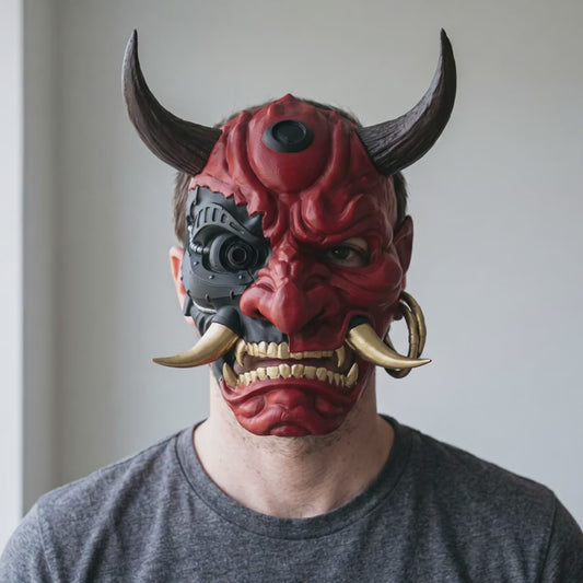 Cyberpunk Full Face Oni Mask - Red/Black worn on a model