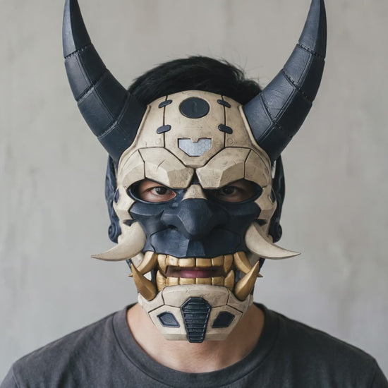 Cyborg Full Face Oni Mask - Ivory / Dark Indigo worn on a model