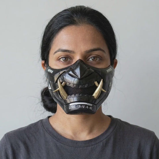Cyberpunk Oni Mask Metallic Black worn on a model