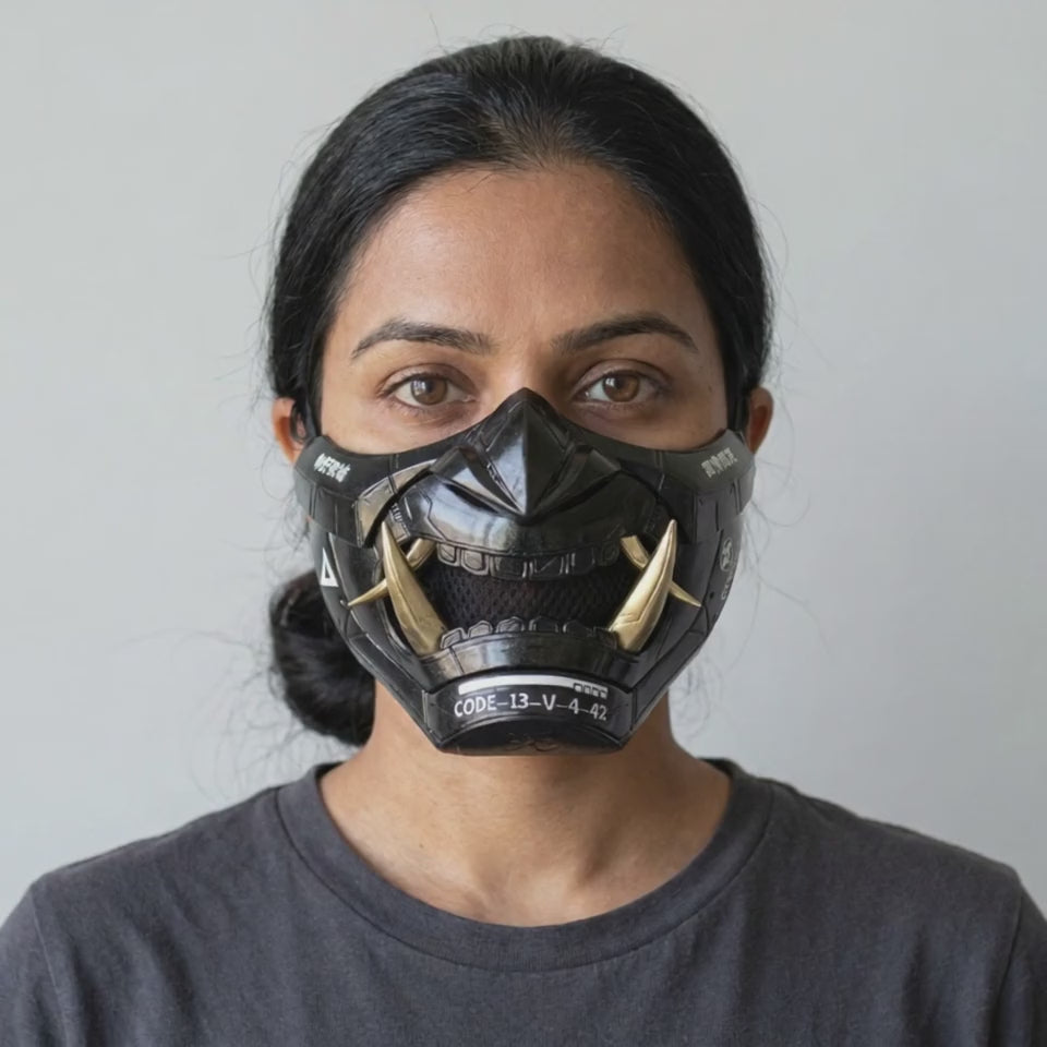 Cyberpunk Oni Mask Metallic Black worn on a model