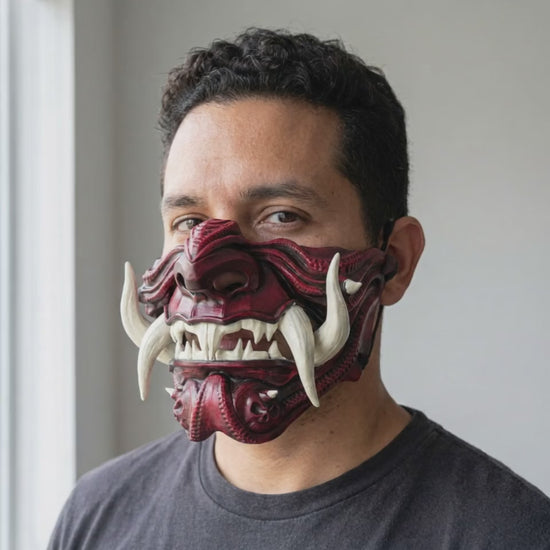 Samurai Oni Mask Red worn on a model