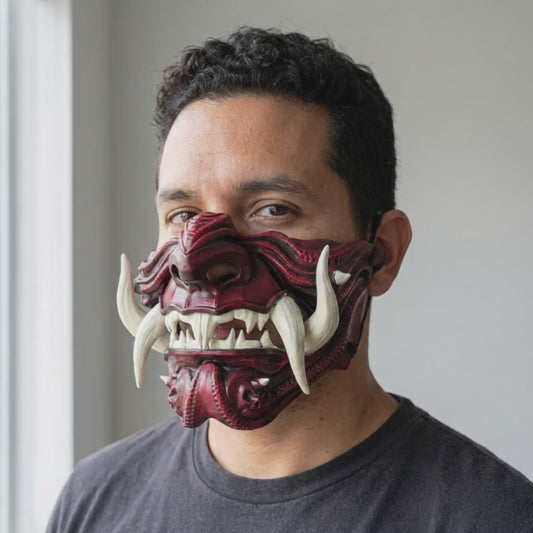 Samurai Oni Mask Red worn on a model