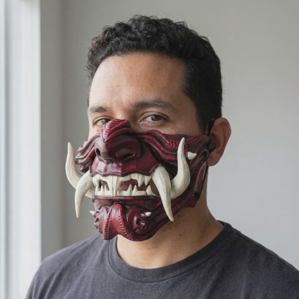 Samurai Oni Mask Red worn on a model