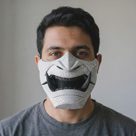 Cyberpunk Oni Mask - Cracked Effect White/Black worn on a model