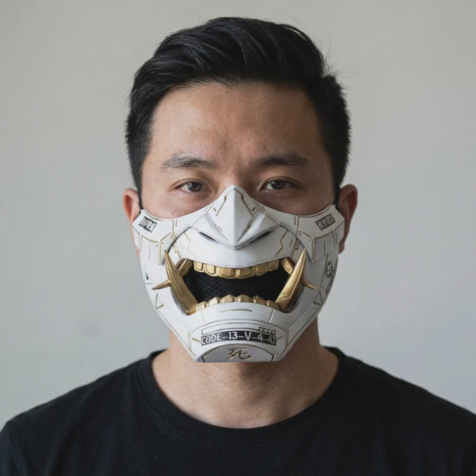 Cyberpunk Oni Mask Matte White worn on a model
