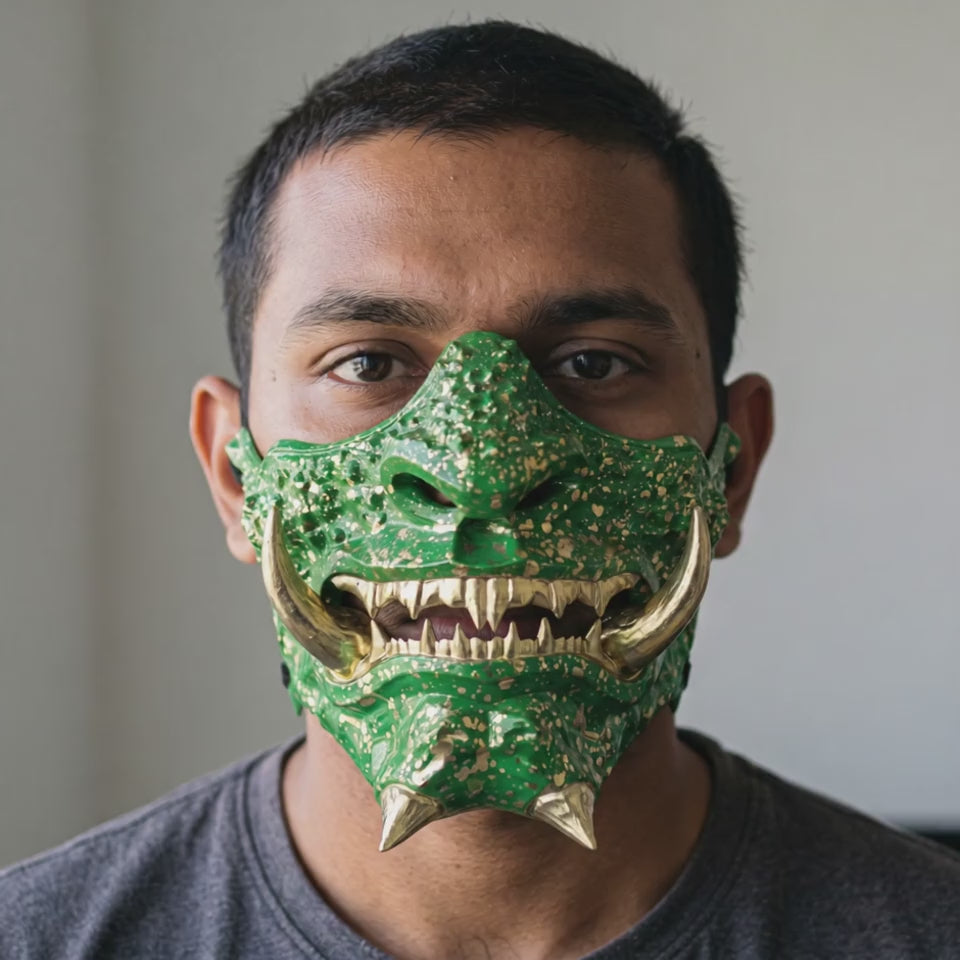 Japanese Oni Mask - Green worn on a model