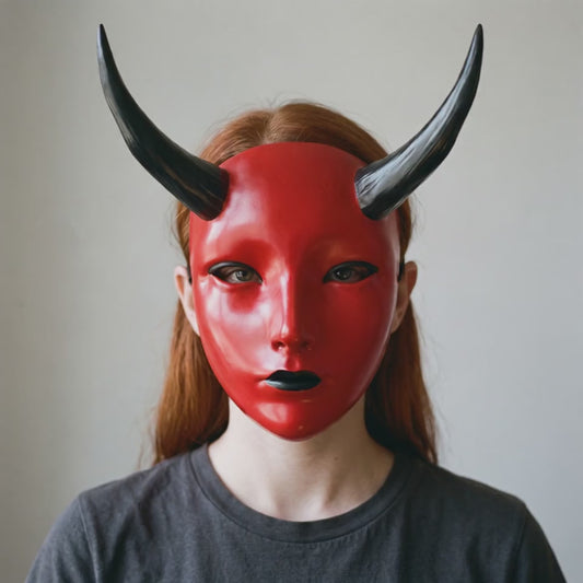 Geisha Japanese Mask With Horn - Red/Black worn on a model