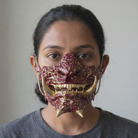 Japanese Oni Mask - Wine Red worn on a model