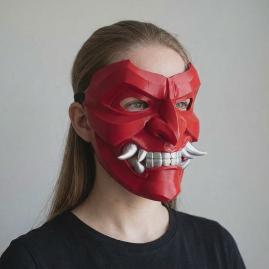 Kabuto Mask With Fangs Red worn on a model